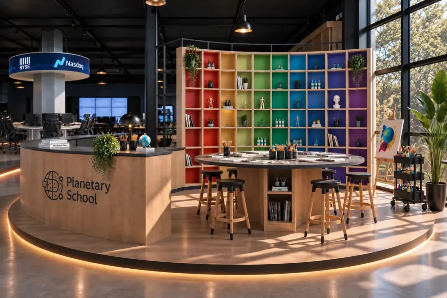 Espacio de arte con estanterías de colores y una mesa redonda de trabajo