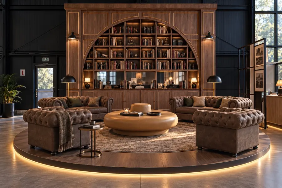 Espacio Filosofía viva con una gran estantería en arco y sillones de cuero alrededor de una mesa