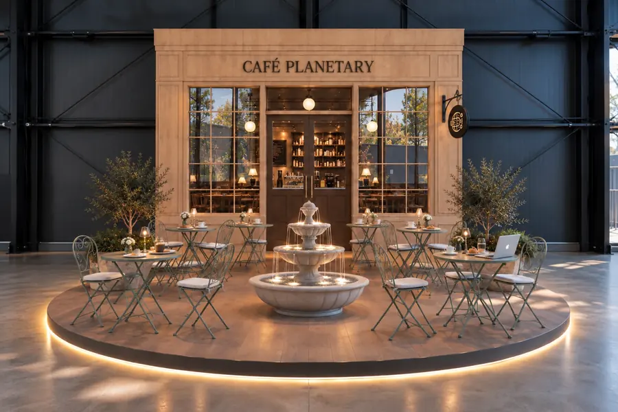 Café Planetary con mesas alrededor de una fuente