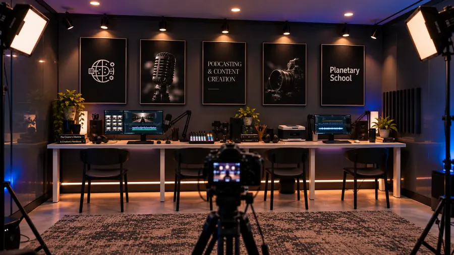 Estudio de podcast con micrófonos, cámaras y monitores