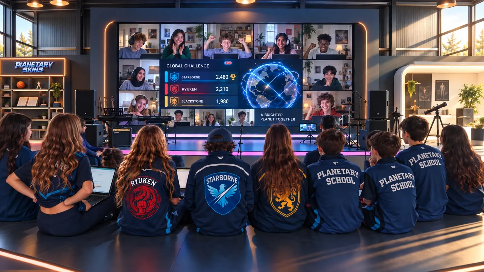 Estudiantes con las camperas de Starborne, Ryuken y Blackstone siguiendo un desafío en la pantalla de la nave