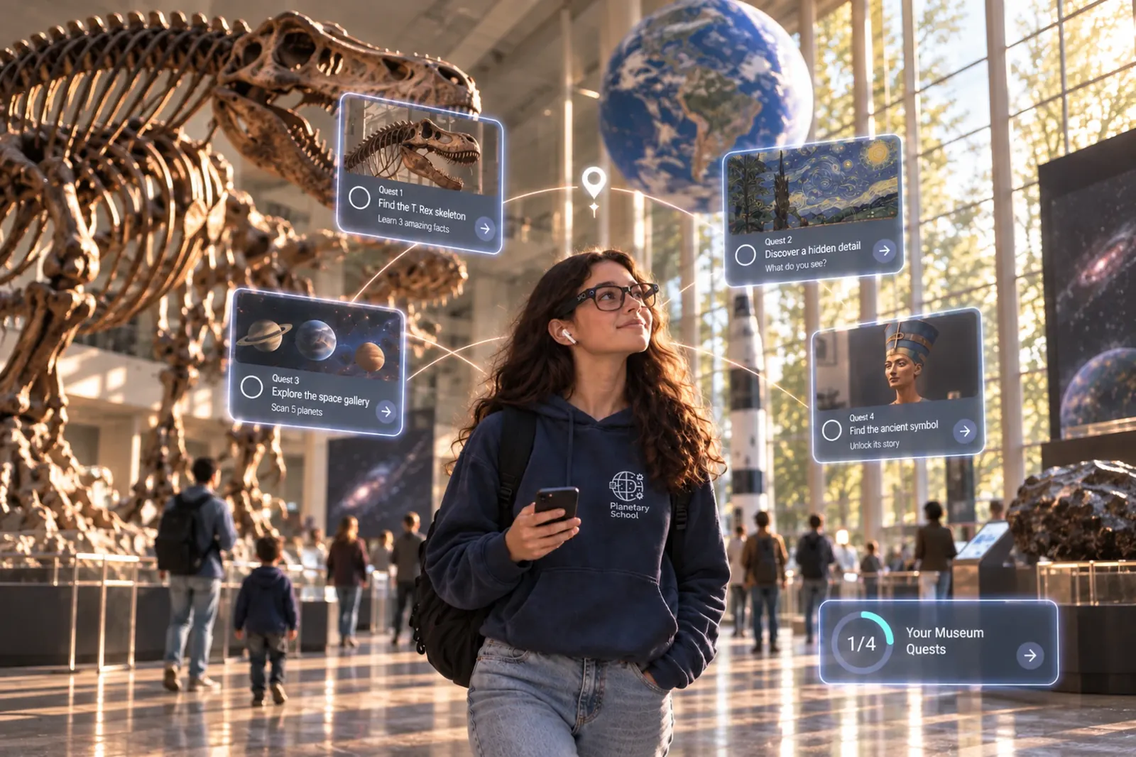 Estudiante con buzo de Planetary School en un museo, con misiones flotando a su alrededor