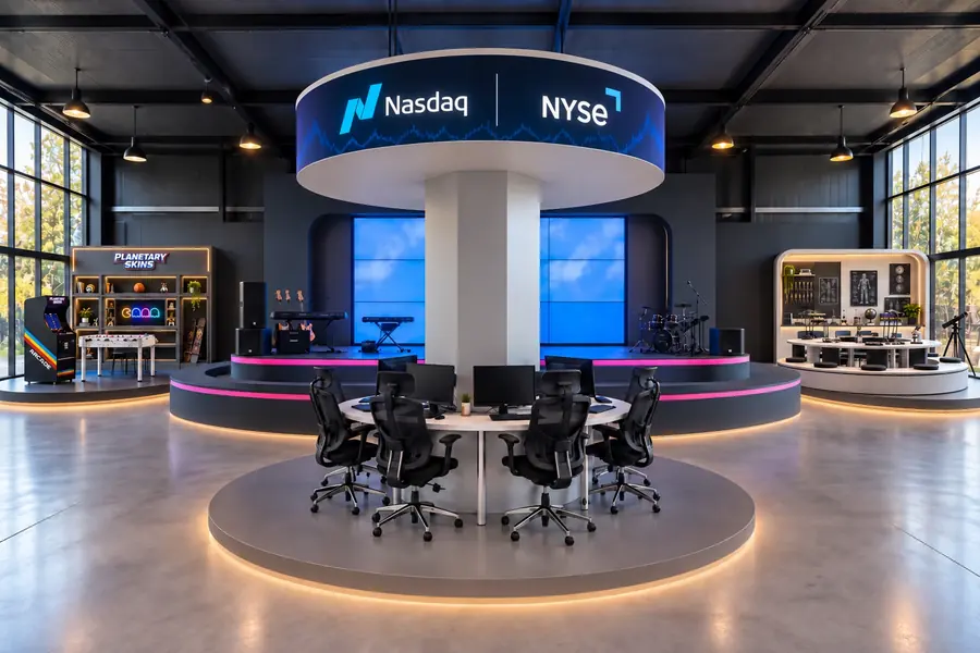Mesa de trading en el centro de la nave, con pantallas de Nasdaq y NYSE