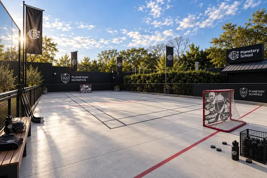 Little Madison, la cancha exterior de bádminton y hockey in line, con banderas de Planetary Olympics