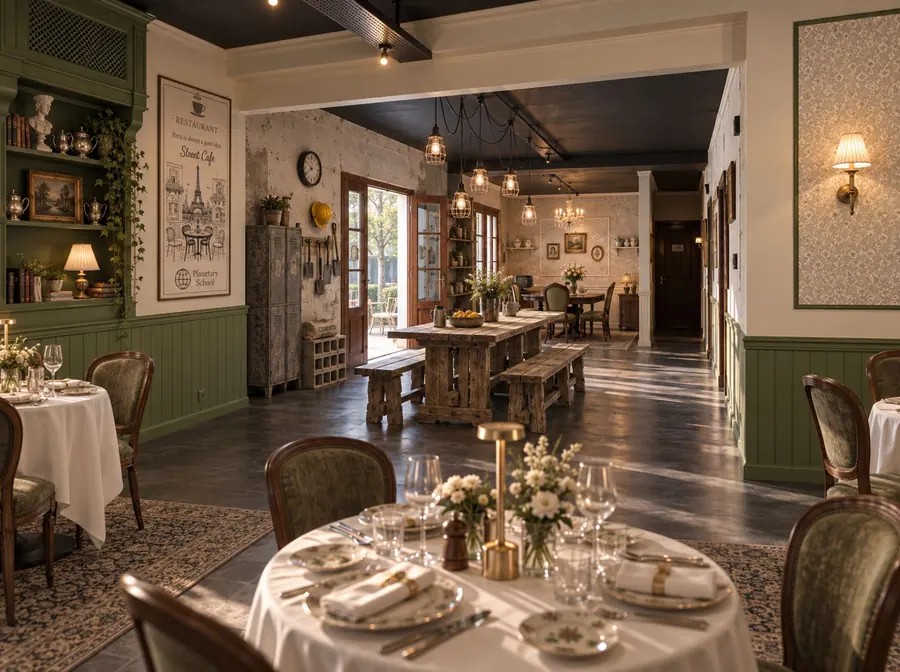 Comedor con mesas redondas, mantel blanco y una mesa larga de madera