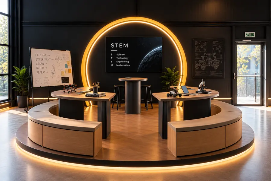 Isla STEM con bancos curvos, mesas altas y un anillo de luz en la pared