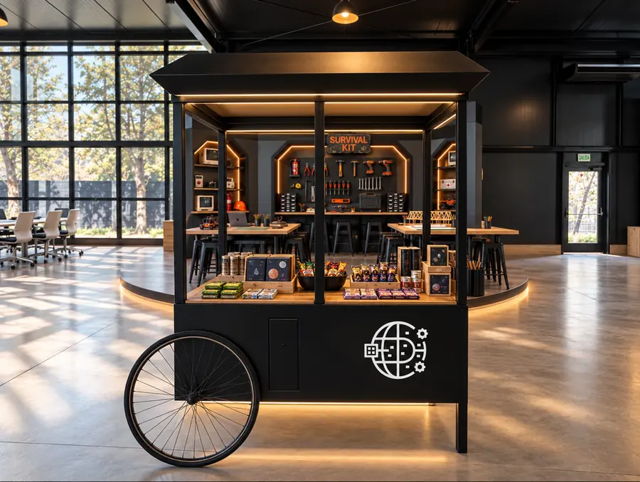 Carro de Emprendimiento vivo con productos y snacks, con el taller Survival Kit de fondo