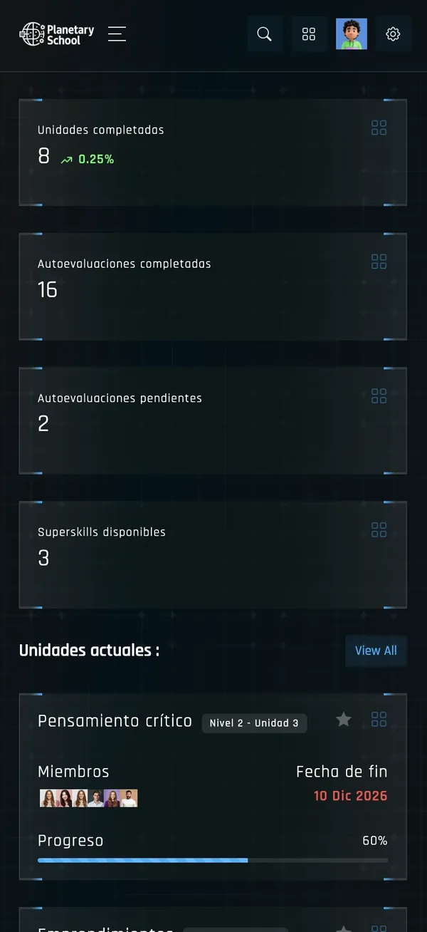 Versión mobile: unidades completadas, autoevaluaciones y SuperSkills disponibles