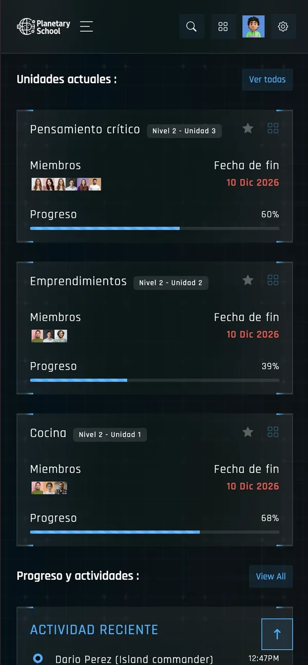 Pantalla de unidades actuales: Pensamiento crítico, Emprendimiento y Cocina, con su progreso